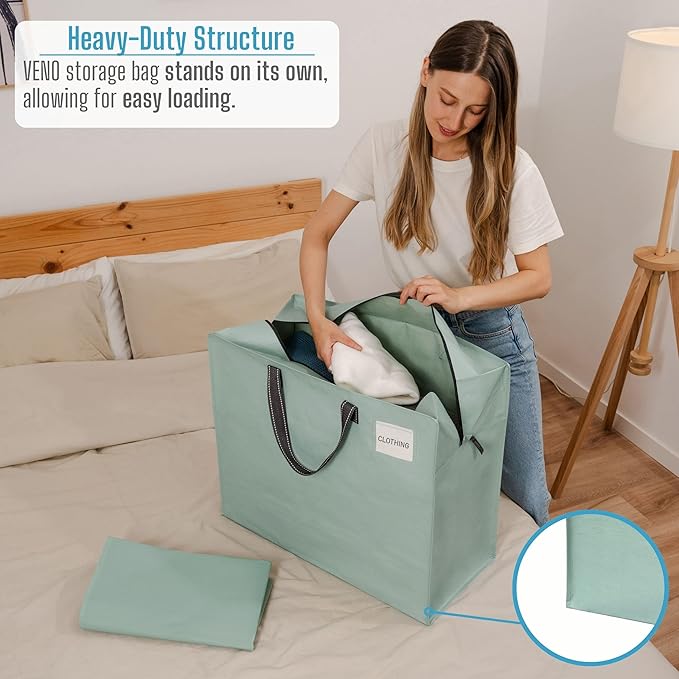 VENO 4 Pack Moving Bags, Christmas Storage Containers, Storage Totes, Zipper On Top, Sturdy, Storage Bags for Camping, Clothes, Bedding, Comforters, Pillows (22 Gallon Light Green, 4 Pack)