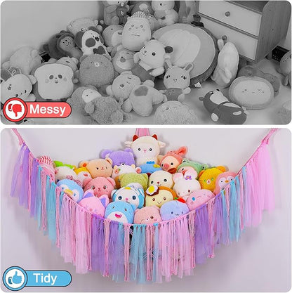 FIOBEE Stuffed Animals Net or Hammock with LED Light, Toy Hammock Hanging Stuffed Animals Storage Organizer Holder Room Décor for Nursery Kids Bedroom