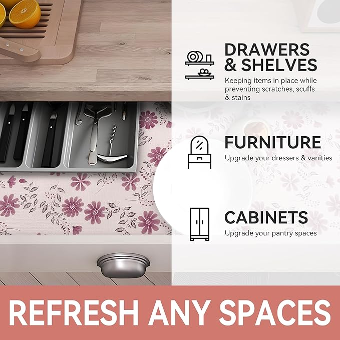 RAY STAR Shelf Liner, Non Adhesive Floral Kitchen Cabinet Liner for Pantry Drawer, Strong Grip Non Slip Waterproof, Shelf Liners for Kitchen Cabinets Cupboard 12 Inch x 10 FT Pink Daisy (4 Rolls)