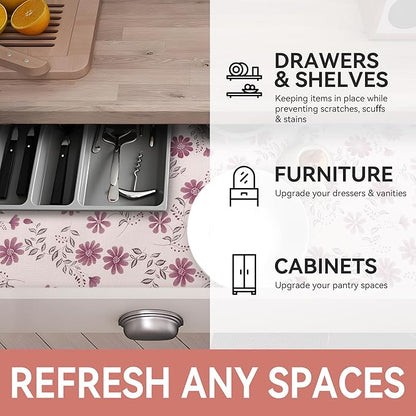 RAY STAR Shelf Liner, Non Adhesive Floral Kitchen Cabinet Liner for Pantry Drawer, Strong Grip Non Slip Waterproof, Shelf Liners for Kitchen Cabinets Cupboard 12 Inch x 10 FT Pink Daisy (4 Rolls)