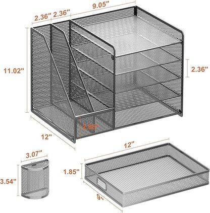 Marbrasse 5-Tier Paper Letter Tray Organizer with Drawer and Pen Holder, Mesh Desktop Organizer and Storage with Magazine Holder for Office Supplies (Grey)