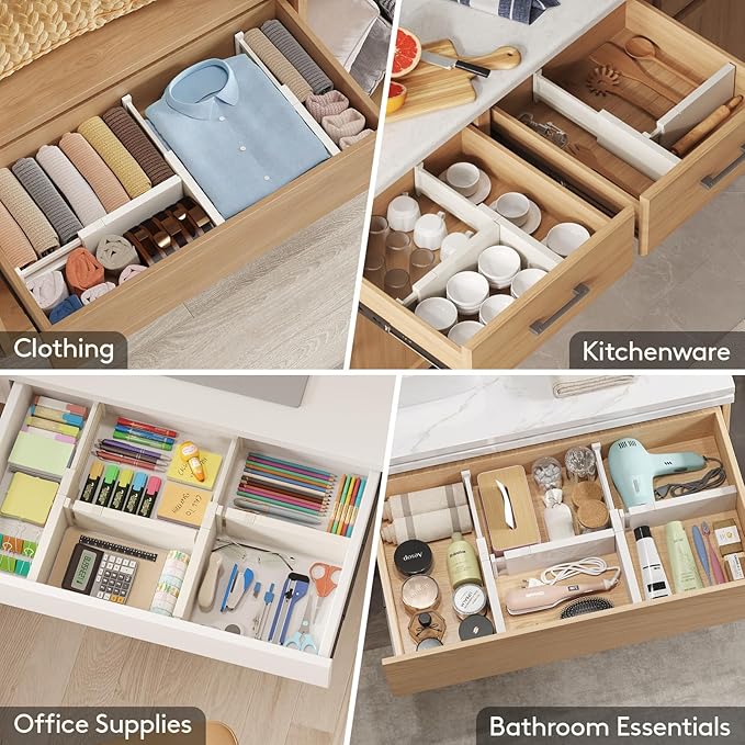 Lifewit 24 Pack Drawer Dividers 4" High, 11-17" Adjustable Dresser Drawer Organizers for Clothes, Expandable Dresser Separators in Bedroom/Bathroom/Kitchen/Vanity/Office Organization and Storage,Beige