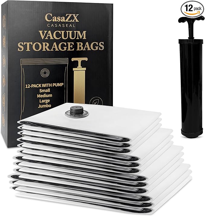 CasaZX Vacuum Storage Bags – 12 Pack with Hand Pump | Space Saver Compression Bags for Clothes & Bedding | Extra Thick, Airtight Double-Zip, Triple-Valve | Reusable Storage (Jumbo/Large/Medium)