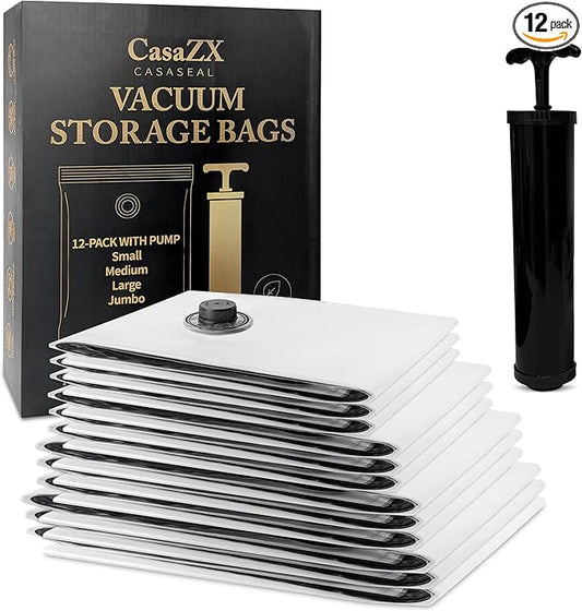 CasaZX Vacuum Storage Bags – 12 Pack with Hand Pump | Space Saver Compression Bags for Clothes & Bedding | Extra Thick, Airtight Double-Zip, Triple-Valve | Reusable Storage (Jumbo/Large/Medium)