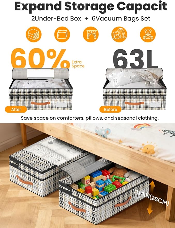 TOSKING Under Bed Storage with Wheels 2 Pack, Adjustable Height 7.9"-10.2", 6 Vacuum Bags, 900D Oxford Rolling Underbed Bins, Heavy Duty Drawer Organizer, Organizer for Clothes, Shoes, Houndstooth