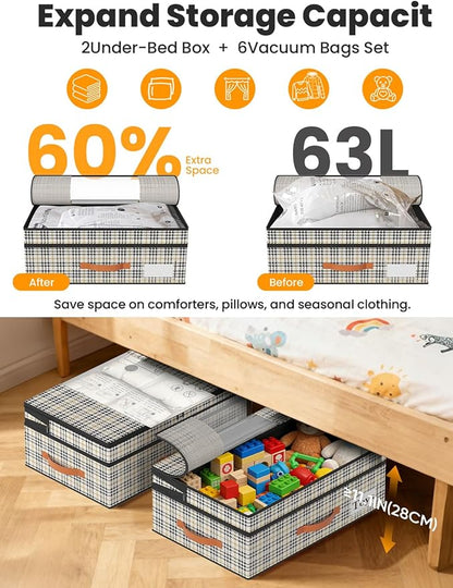 TOSKING Under Bed Storage with Wheels 2 Pack, Adjustable Height 7.9"-10.2", 6 Vacuum Bags, 900D Oxford Rolling Underbed Bins, Heavy Duty Drawer Organizer, Organizer for Clothes, Shoes, Houndstooth