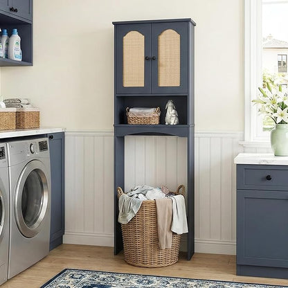 OONNEE Over The Toilet Storage Cabinet, Above Toilet Organizer with 2 Rattan Doors, Modern Blue Finish, 24x70 inch Space Saving Freestanding Bathroom Cabinet