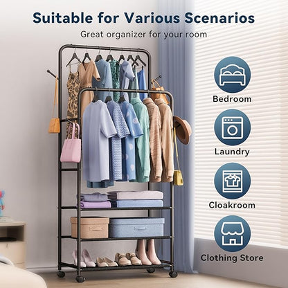 Whitmor Double Rod Clothes Rack: Metal Rolling Clothing Racks for Hanging Clothes, Heavy Duty Garment Rack with 3 Shelves, Portable Clothes Organizer for Bedroom, Laundry, Living Room, Black