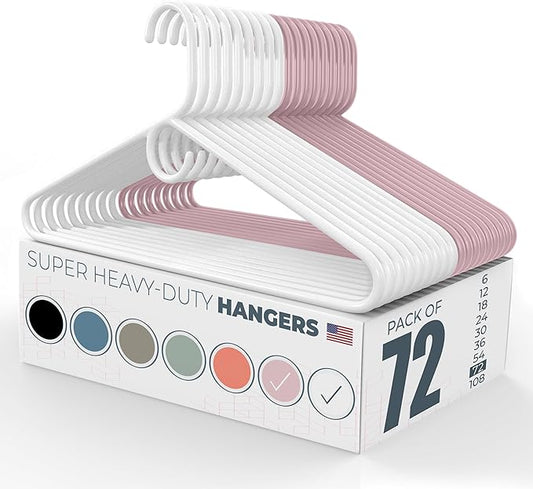 Neaties Super Heavy Duty Clothes Hangers 50+ Pack (72 Count) – Made in The USA - 10lb Capacity, Thick Plastic Hangers for Pants, Coats, Jackets, Jeans and Adult Clothing – White & Pink