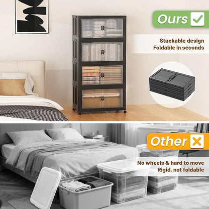 SAILUN 260Qt Stackable Storage Bins Folding Collapsible Storage Bins with Lid, Closet Organizers and Storage Box with Door Black 22" W x 13" D x 50" H