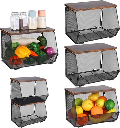 Joyibay 4 Pcs Stackable Fruit Baskets, Metal Mesh Wall Storage Baskets with Wooden Lids, Folding Wire Organizers for Kitchen Counter, Hanging Storage Containers for Snacks, Vegetables