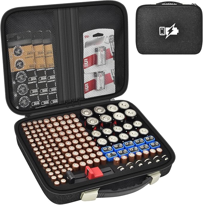 Battery Organizer Storage Case Compatible with 200+ Batteries (AA AAA C D 9V Button), Portable Felt Battery Organizer with Tester & 3 Mesh Pockets, Water-Resistant Box for Drawer & Garage, Case Only