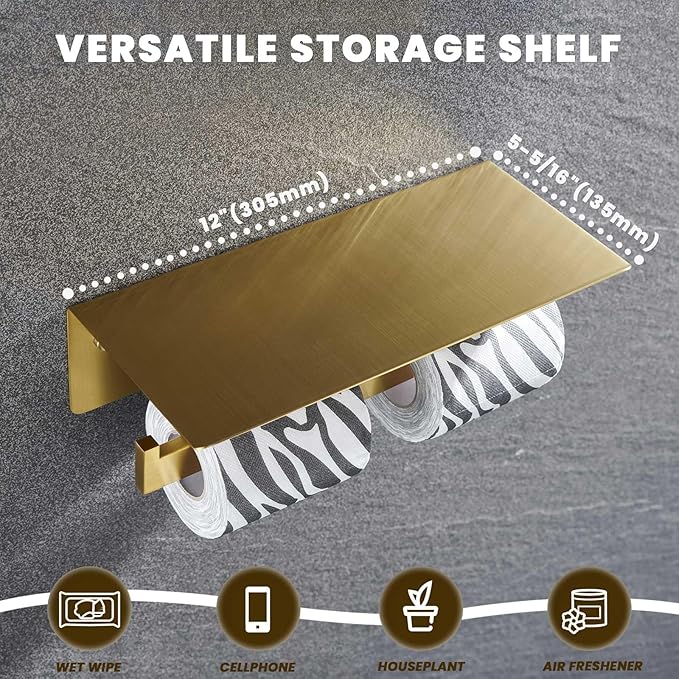 Suyar Toilet Paper Holder Brushed Gold, SUS 304 Stainless Steel Bathroom Double Toilet Paper Roll Holder with Shelf, Wall Mounted