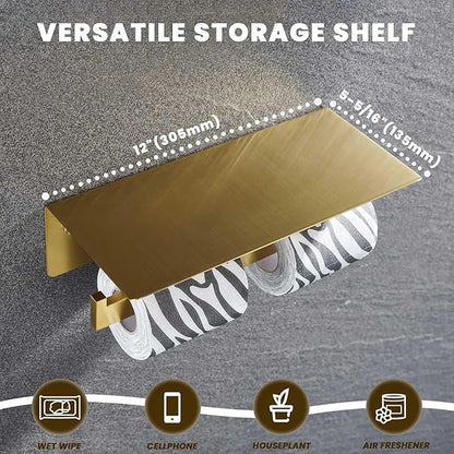 Suyar Toilet Paper Holder Brushed Gold, SUS 304 Stainless Steel Bathroom Double Toilet Paper Roll Holder with Shelf, Wall Mounted