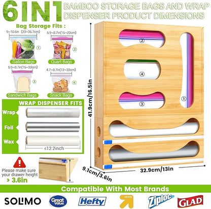 Thicker Bag Storage Organizer, Bamboo Baggie Holder With Aluminum Foil Dispenser, Foil and Plastic Wrap Holder With Cutter, 6 in 1 Sandwich Bag Storage for Drawer Kitchen