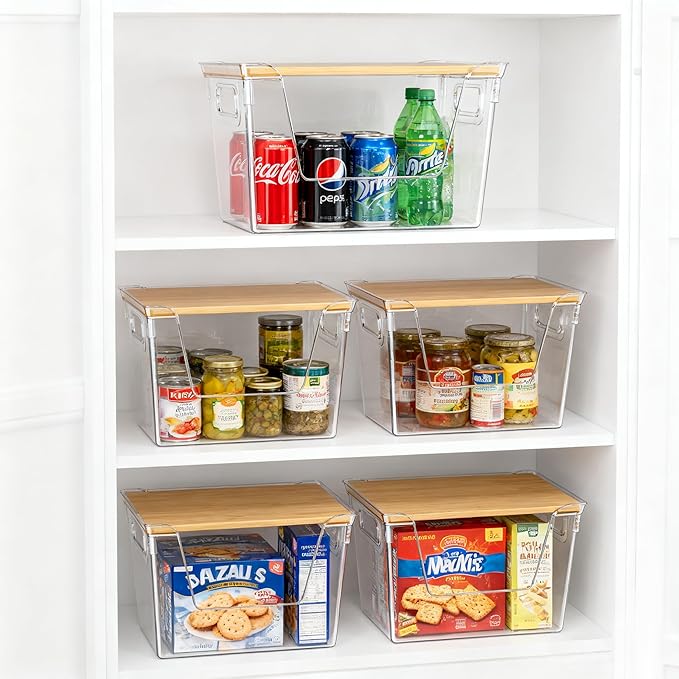 2 Pack Trash Bag Dispenser with Bamboo Lid, Stackable Trash Bag Holder, Large Clear Garbage Bag Organizer for 4-33 Gal Bags, Space-Saving Under Sink Organizer for Kitchen, Laundry, Pantry