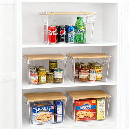 2 Pack Trash Bag Dispenser with Bamboo Lid, Stackable Trash Bag Holder, Large Clear Garbage Bag Organizer for 4-33 Gal Bags, Space-Saving Under Sink Organizer for Kitchen, Laundry, Pantry
