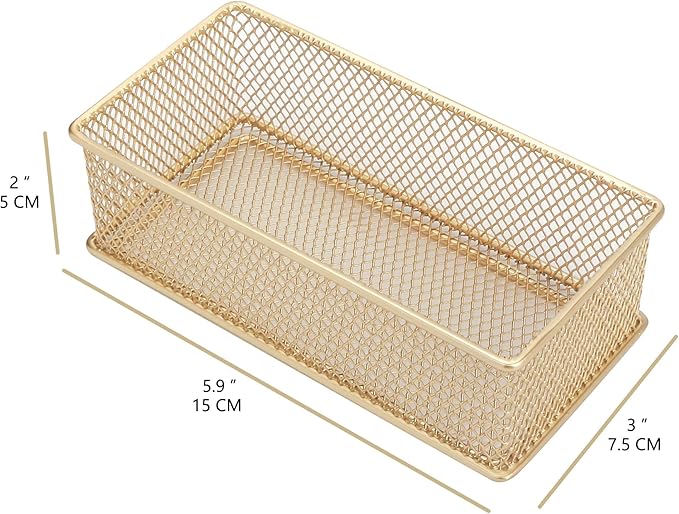 Annova Mesh Stackable Drawer Cabinet and Shelf Organizer Bins Storage Basket School Office Supply Holder Tray- Set of 2 (Gold, 3x6x2 Inch)