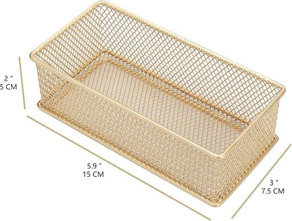 Annova Mesh Stackable Drawer Cabinet and Shelf Organizer Bins Storage Basket School Office Supply Holder Tray- Set of 2 (Gold, 3x6x2 Inch)