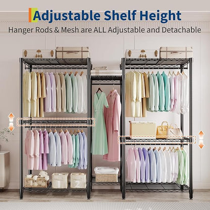 Portable Clothes Rack Heavy Duty Garment Rack, Large Freestanding Closet Wardrobe with Adjustable Shelves & 5 Hanging Rods, Closet Organizer and Storage for Bedroom Cloakroom, 76.5"H x 73.6"L x 17.4"W