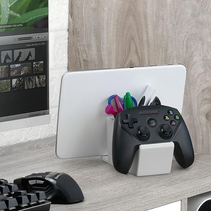 Desk Organizer with Game Controller Holder, Tablet Stand for iPads/iPhones, TV Remote & Pen Storage, Reduce Desktop Clutter, Have All Your Side Table Items in One Space (White)