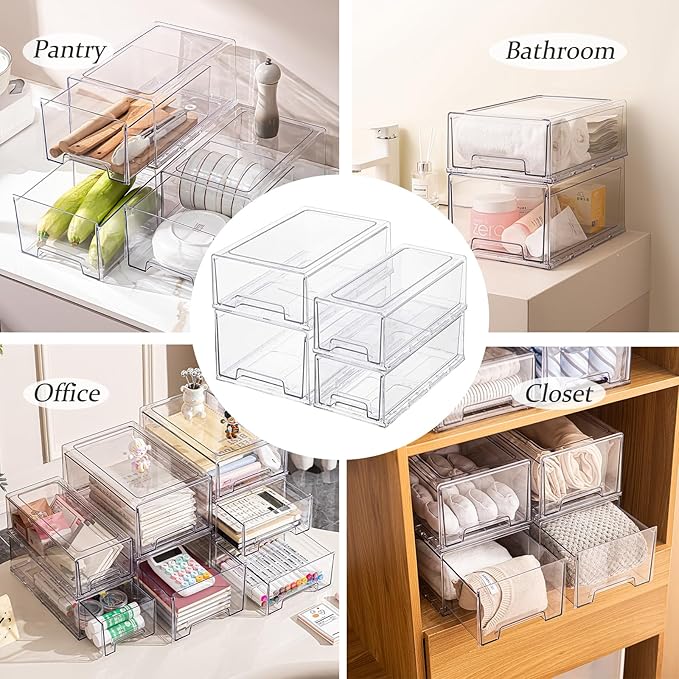 2 Pack Stackable Pull-Out Storage Drawers,Plastic Clear Organizer Bins with Handles,Easily Clean for Craft,and Toy Organization,Kitchen,Undersink,Cabinet,Fridge,Closet,Pantry,Office,Bathroom