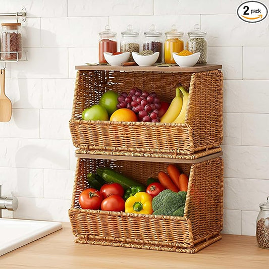 2 Tier Fruit Basket for Kitchen Counter Stackable Wall Mounted Hanging Basket Wicker Hanging Baskets with Wood Lid for Onion Fruit Vegetable Storage