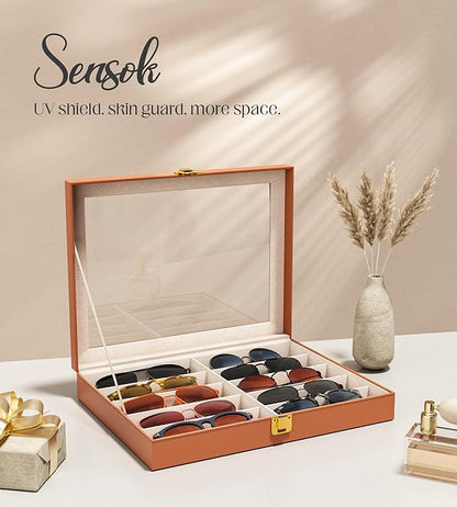 sensok Sunglasses Organizer Storage Box - 10 Slots Eyeglass Display Case for Multiple Pair Glasses, Sunglass Holder with Clear Glass Lid, Jewelry and Watch Collection Box for Women and Men, Brown
