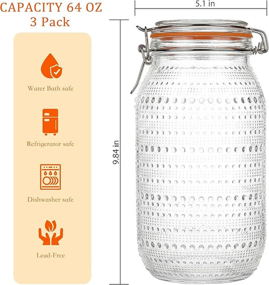 64 Oz Glass Mason Jars with Airtight Lids3 Pack, Wide Mouth Canning Jars with Clip Top Lids for Kitchen Storage Pickling Salad Jams Coffee Beans
