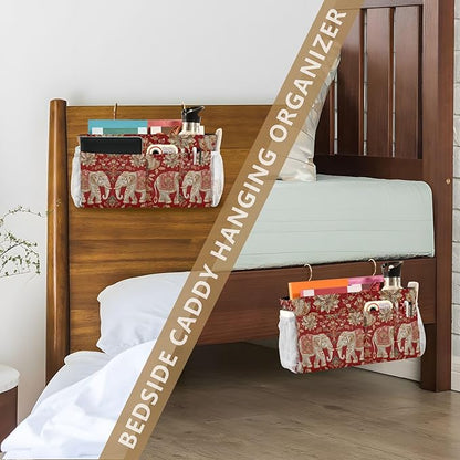 CuwrYet Bedside Caddy Hanging Bunk Bed Caddy Bed Organizer Hanging Pocket with 2 Hooks Bedside Storage Organizer Pocket Bag Holder Red Retro Elephant Flowers