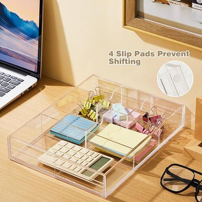 Briwooody 2 Pcs Acrylic Desk Drawer Organizer Maximum 12 x 18 x 2.1 Inch Expandable Drawer Organizer Trays with 8 Adjustable Compartments Desk Accessories for Makeup Silverware Office Bathroom