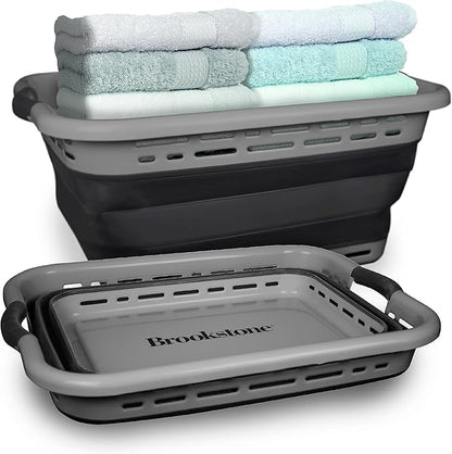 BROOKSTONE 11 GALLON XL 24" Collapsible Laundry Basket, Comfort Non-Slip Grip Handles, Modern Minimalist Space Saving Design, Portable Pop-Up Hamper, BPA FREE, Dark Grey, 1 Basket