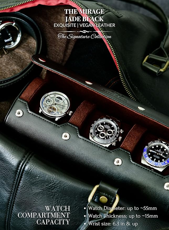 Watch Roll Case Organizer - Watch Travel Case for Men and Women - 3 Watch Carrying Case and Display - Jade Black with Mahogany Brown Interior Vegan Leather