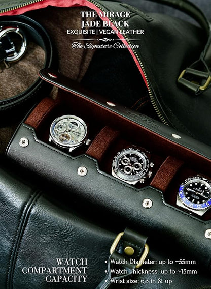 Watch Roll Case Organizer - Watch Travel Case for Men and Women - 3 Watch Carrying Case and Display - Jade Black with Mahogany Brown Interior Vegan Leather
