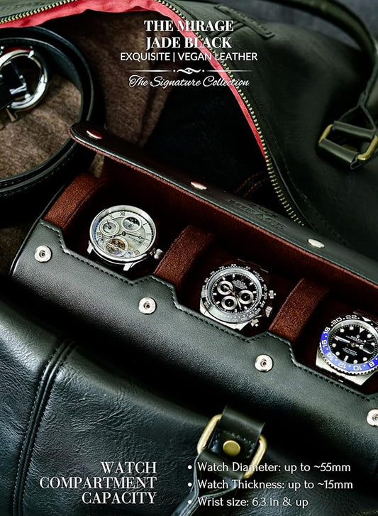 Watch Roll Case Organizer - Watch Travel Case for Men and Women - 3 Watch Carrying Case and Display - Jade Black with Mahogany Brown Interior Vegan Leather