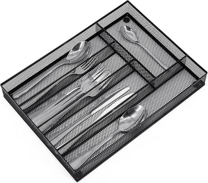 Neudeco Silverware Drawer Organizer Holder, Cutlery Tray Silverware Flatware Storage Divider for Kitchen, Bedroom, Living Room,Mesh Wire with Non-slip foam Feet, 5 Compoment（Black）