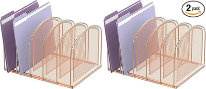 SUPEASY File Organizer for Desk, 5-Section Mesh Desk Organizer, Vertical File Holder Desktop Organizer File Sorter, File Folder Holder for Office Supplies, Rose Gold (Pack of 2)