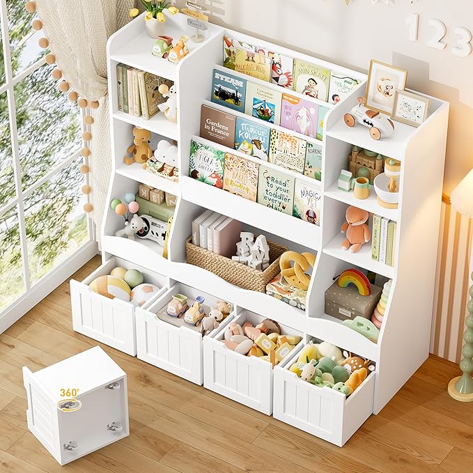 FINETONES Toy Storage Kids Bookshelf, Toy Organizer Book Shelf for Kids Room with 4 Movable Drawers and 7 Storage Cubbies, Playroom Storage Toy Storage Cabinet for Living Room, White