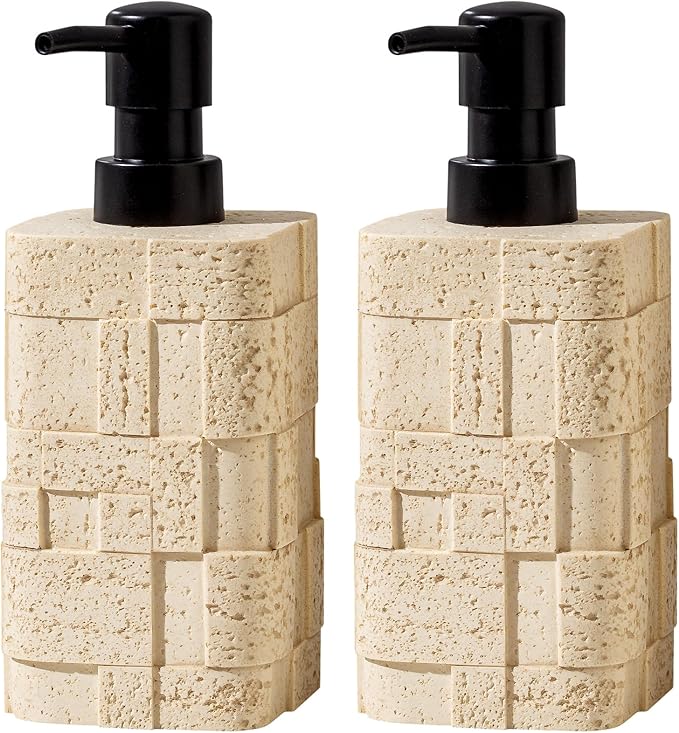 Haocoott Soap Dispensers 400mL 13.5 OZ, 2 PCS Luxurious Hand Dish Lotion Shampoo Soap Dispenser Jar, Travertine Stone Look Soap Pump Bottles for Kitchen Bathroom Countertop (Yellow)