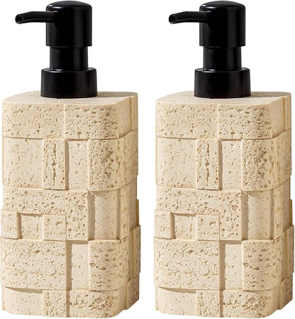Haocoott Soap Dispensers 400mL 13.5 OZ, 2 PCS Luxurious Hand Dish Lotion Shampoo Soap Dispenser Jar, Travertine Stone Look Soap Pump Bottles for Kitchen Bathroom Countertop (Yellow)