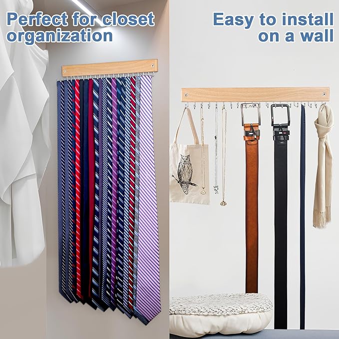 【2 in 1】 2 Pack Tie Organizer Belt Organizer Wall Mounted, Space Saving Tie Rack Belt Hanger for Closet with 40 Storage Hooks, Belt Tie Holder for Closet Organizer Storage Natrual