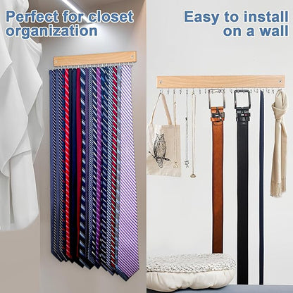 【2 in 1】 2 Pack Tie Organizer Belt Organizer Wall Mounted, Space Saving Tie Rack Belt Hanger for Closet with 40 Storage Hooks, Belt Tie Holder for Closet Organizer Storage Natrual