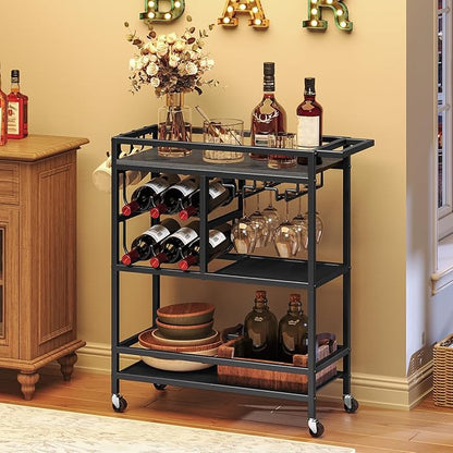 Bar Cart for Home, 3-Tier Serving Cart with Wheels and Handle, Beverage Cart with Wine Rack and Glass Holders, Rolling Wine Cart for Kitchen, Dining Room, Charcoal Gray and Black RCHT6101