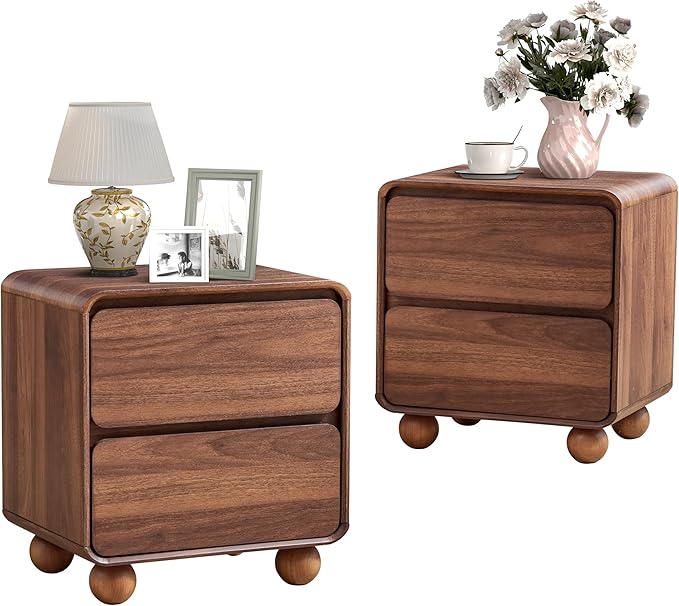 Small Night Stand Set of 2, Mid Century Modern Nightstands with 2 Drawers and Solid Wood Legs, 2 Drawer Dresser Curved Profile Design End Table Side Table for Small Space, Dorm, Bedroom(Walnut)