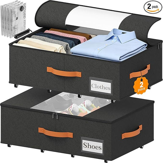 TOSKING Under Bed Storage with Wheels 2 Pack, 4 Vacuum Bags Included, 7.9" Rolling Underbed Bins, Durable Oxford Fabric, 80lbs Heavy Duty Drawer Organizer for Clothes, Shoes, Toys, Black