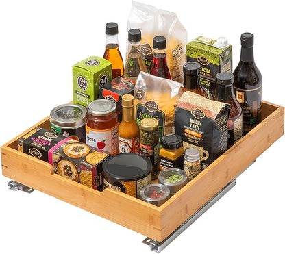 HOLDN’ STORAGE Bamboo Wooden Pull out Cabinet Organizer. 17" W x 21" D - Requires At Least a 18.25" W x 21" D.Cabinet Opening. W/Lifetime Limited Warranty. Bamboo Tray and Heavy gauge metal rails.