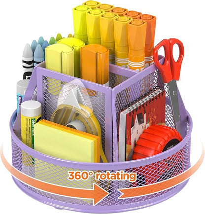Docnest Mesh 360 Degree Rotating Pen Holder with 6 Compartment,Metal Pencil Cup Art Supply Storage Box Caddy,Teacher Stationery and Dorm Supplies Desk Organizer for Pencil,Sticky Note,Scissors-Purple