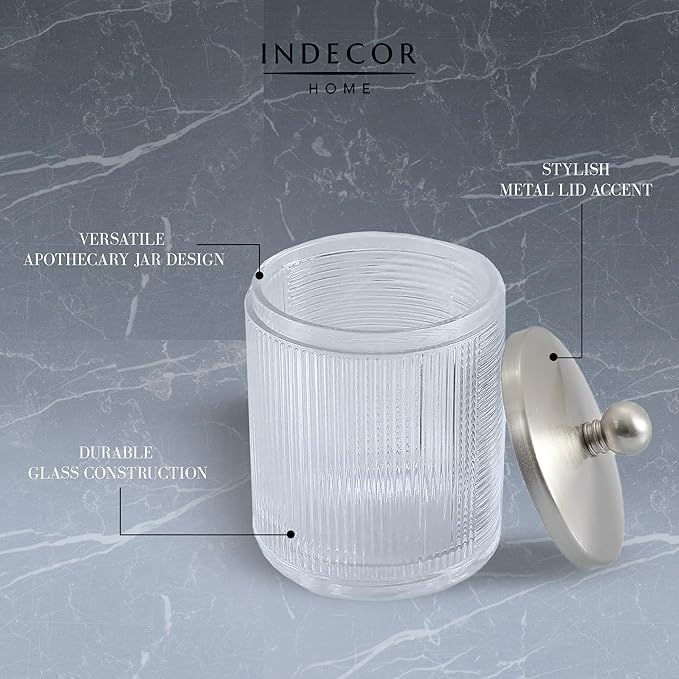 Indecor Home Clear Transparent Apothecary Ribbed Geometric Etched Glass Jar W/Satin Nickel Metal Lid for Bathroom Organization, Cotton Balls, Q Tips, and Small Accessories, Bathroom Storage