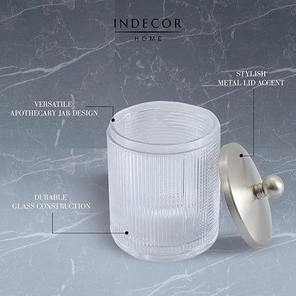 Indecor Home Clear Transparent Apothecary Ribbed Geometric Etched Glass Jar W/Satin Nickel Metal Lid for Bathroom Organization, Cotton Balls, Q Tips, and Small Accessories, Bathroom Storage