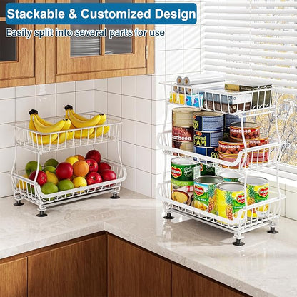 3-Tier Rolling Pantry Floor Organizer and Storage Cart with Wheels, Stackable Wire Pantry Baskets for Pantry Shelves, Kitchen Storage Rack and Fruit Basket Stand for Fruit Snack Onion Potato